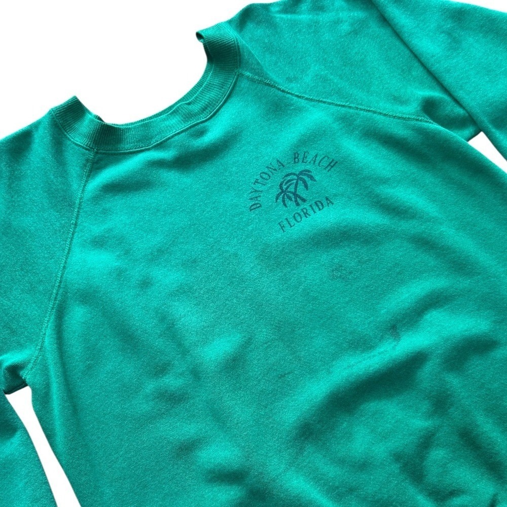 Vintage 80s Pannill Daytona Beach Florida USA Teal Raglan Surf Palm Tree Sweater - Picture 4 of 8